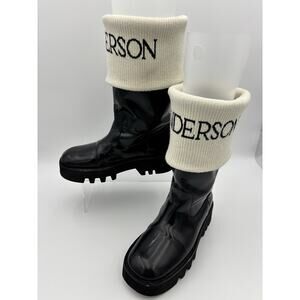 JW Anderson Logo Fisherman Boots Black Patent Leather White Sock Size 39 / 9